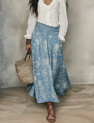 Women's Midi Skirt | Jacquard Print Elastic Waist Maxi Length