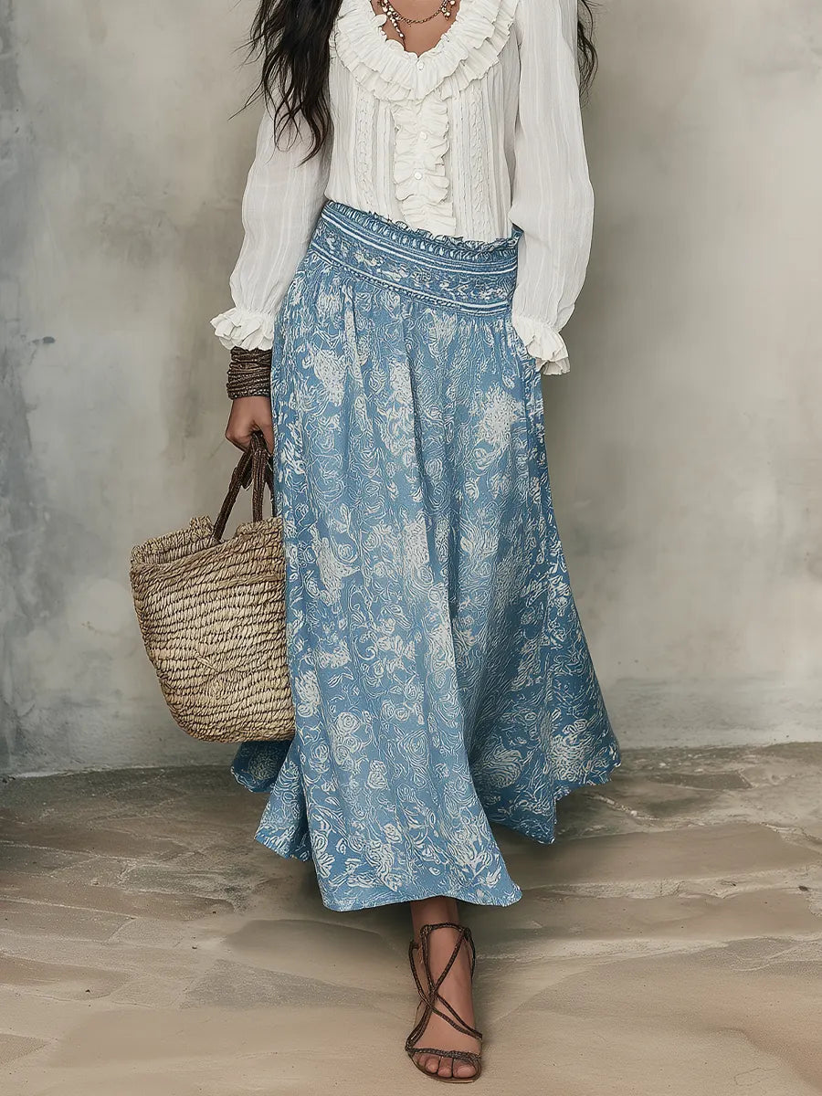 Women's Midi Skirt | Jacquard Print Elastic Waist Maxi Length