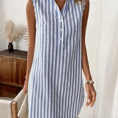 Women's Shirt Dress | V-Neck Sleeveless Mini Striped Button-Front