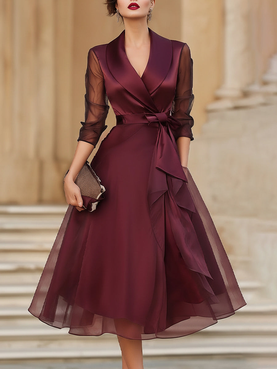 Women's Sheer Dress | Midi Wrap V-Neck Three-Quarter Sleeve