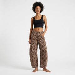 Women's Bootcut Jeans | Leopard Print Barrel Leg Relaxed Cropped
