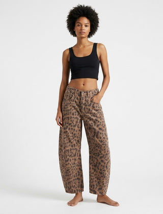 Women's Bootcut Jeans | Leopard Print Barrel Leg Relaxed Cropped