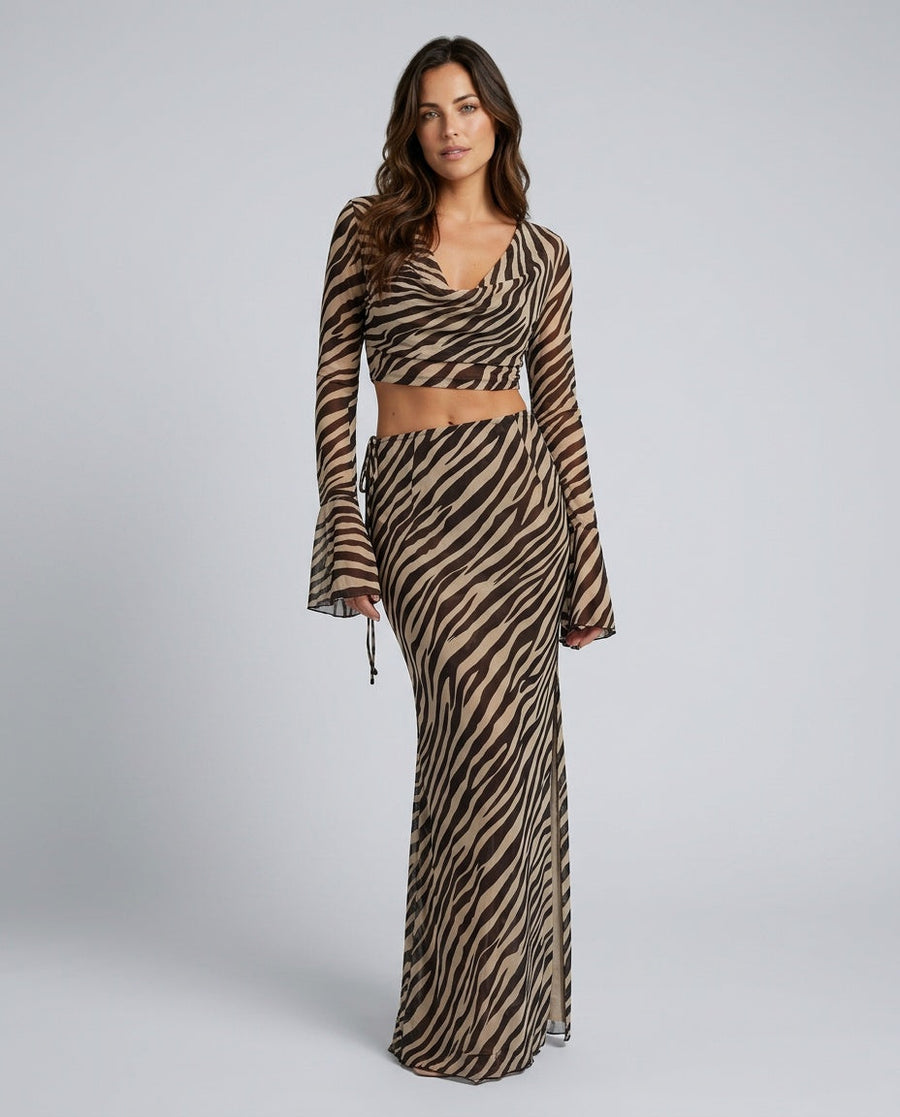 Women's Two Piece Skirt And Top | Zebra Print Cowl Neckline Bell Sleeves Mesh