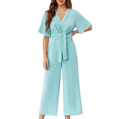 Women's Playsuit | V-Neck Wide-Leg Tie-Waist Short Sleeve