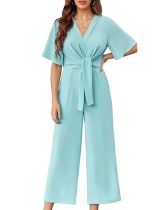 Women's Playsuit | V-Neck Wide-Leg Tie-Waist Short Sleeve