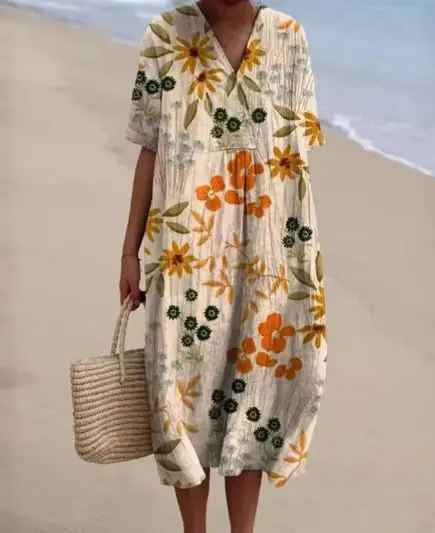 Women's Flowy Dress | V-Neck Short Sleeve Floral Midi
