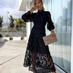 Women's Long Sleeve Wedding Guest Dress | Midi Lace High Neck Puff Sleeve