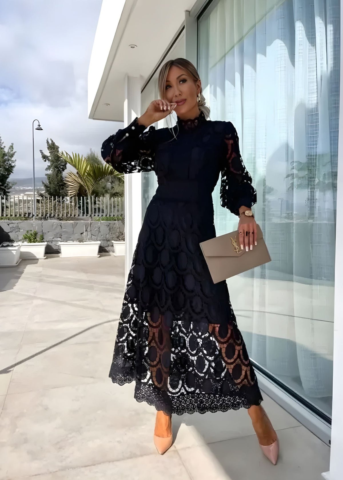 Women's Long Sleeve Wedding Guest Dress | Midi Lace High Neck Puff Sleeve