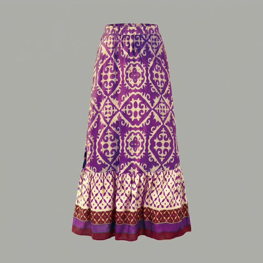 Women's Maxi Skirt | Tiered Hem Elastic Waist A-Line Print