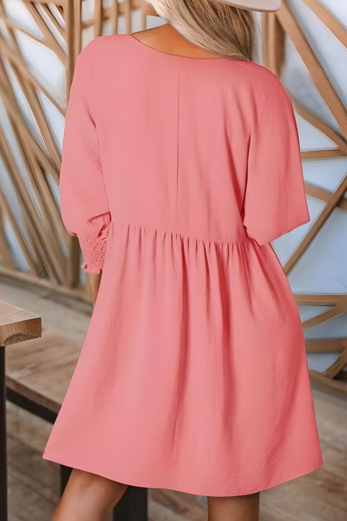 Women's Babydoll Dress | Midi Crew Neckline Smocked Cuff