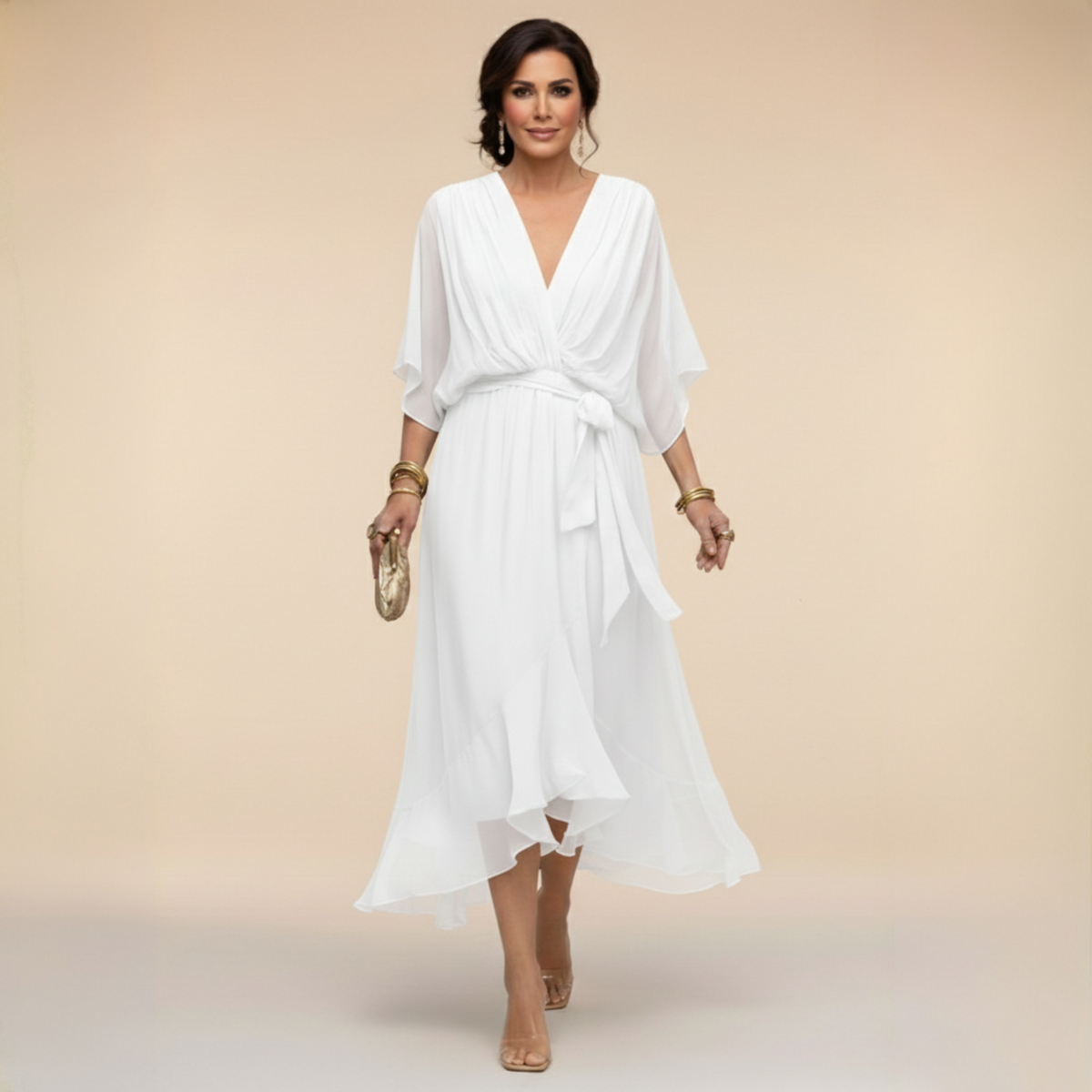 Women's Cocktail Dress | Midi V-Neck Chiffon Wrap