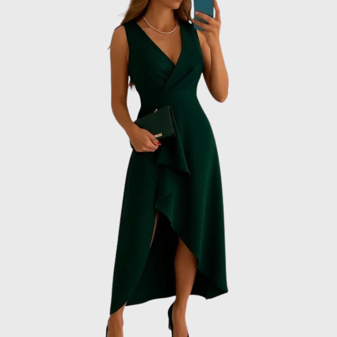 Women's Wedding Guest Dress | Midi Asymmetric Wrap V-Neck Sleeveless