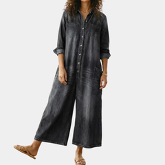 Women's Denim Jumpsuit | Button Front Relaxed Fit Wide Leg
