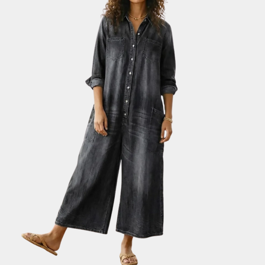 Women's Denim Jumpsuit | Button Front Relaxed Fit Wide Leg