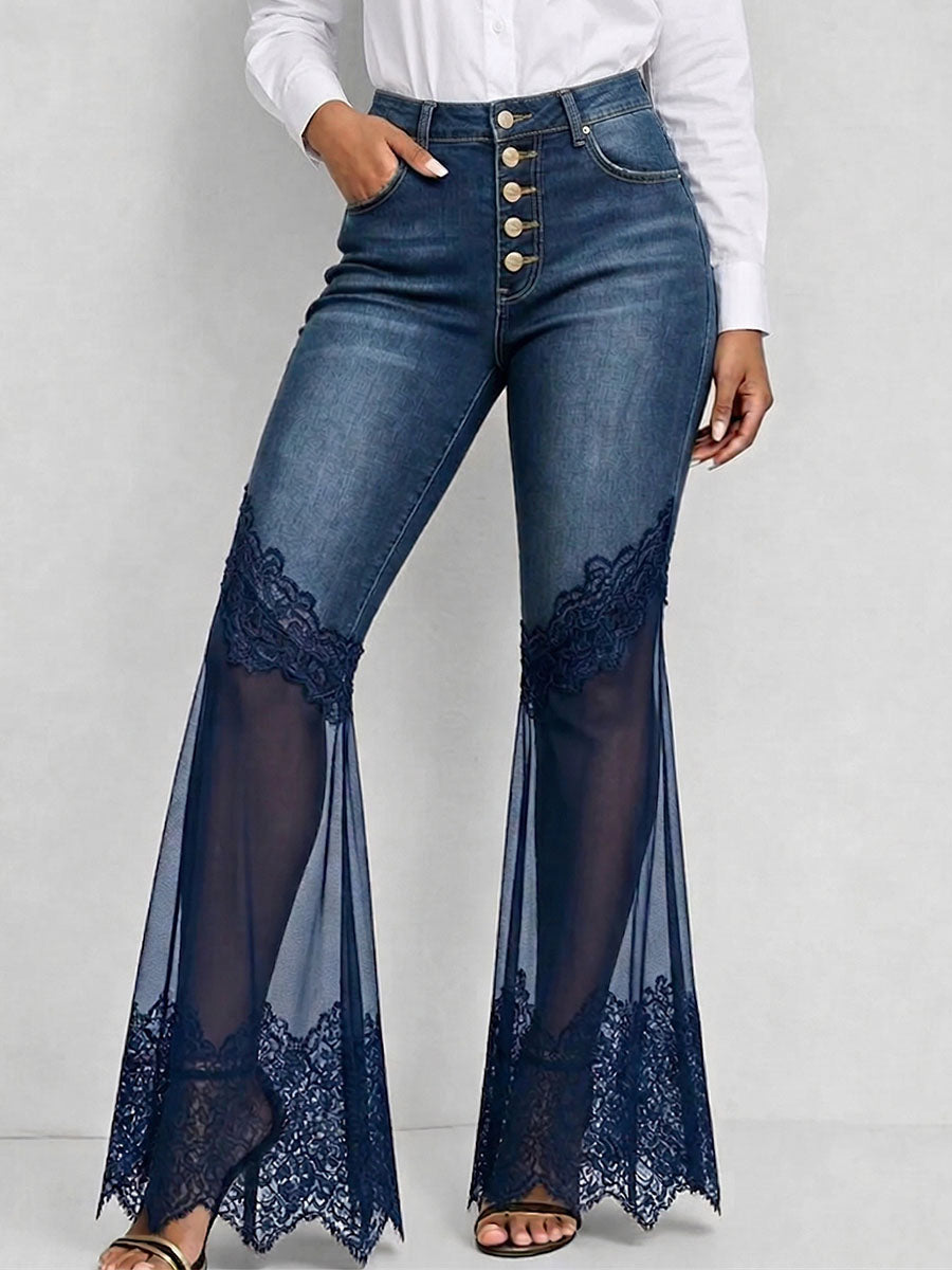 Women's Lace Pants | High-Waisted Wide-Leg Denim Zipper