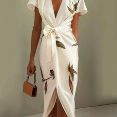 Women's Beach Dress | V Neckline Wrap Tie Botanical Print