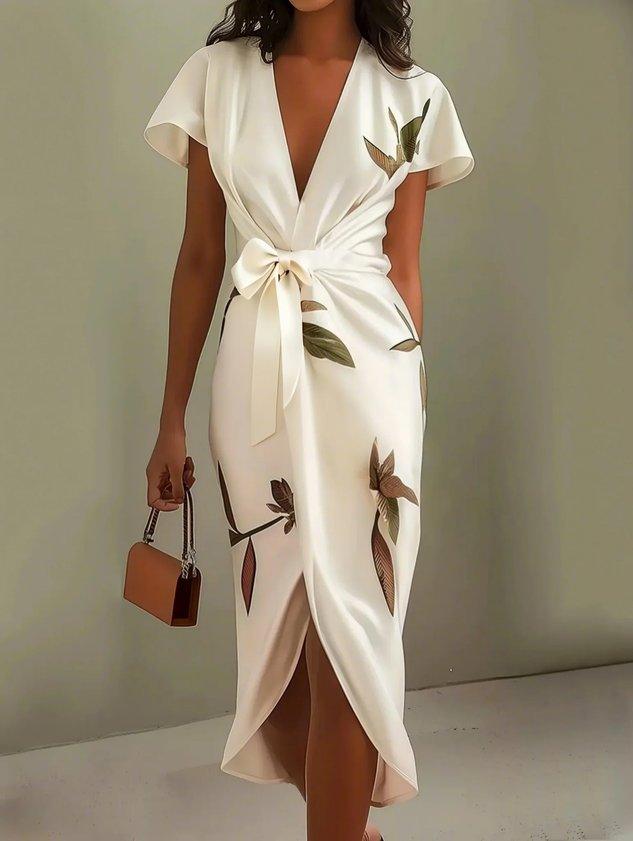 Women's Beach Dress | V Neckline Wrap Tie Botanical Print