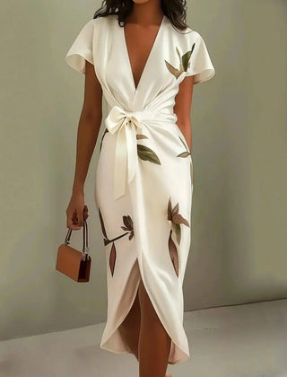 Women's Beach Dress | V Neckline Wrap Tie Botanical Print