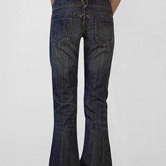 Women's vintage Y2K low rise slim flare jeans, versatile blue denim for a chic retro fashion look.