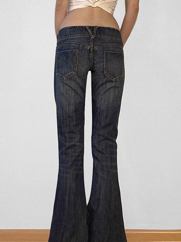 Women's vintage Y2K low rise slim flare jeans, versatile blue denim for a chic retro fashion look.