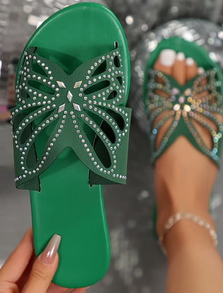 Women's Black Sandals | Butterfly Cutout Rhinestone Detail Slide Flat
