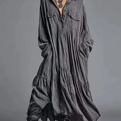 Women's Long Dress | V-Collar Button Front Tiered Linen