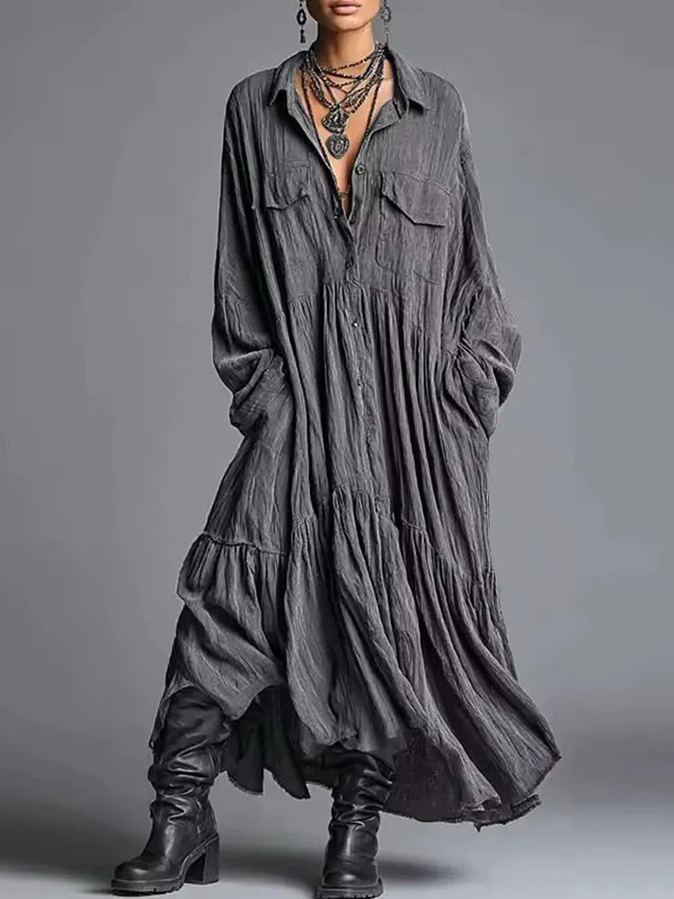 Women's Long Dress | V-Collar Button Front Tiered Linen