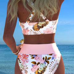 Women's High Waisted Bikini | Wrap V-Neck Floral Print Cut-Out