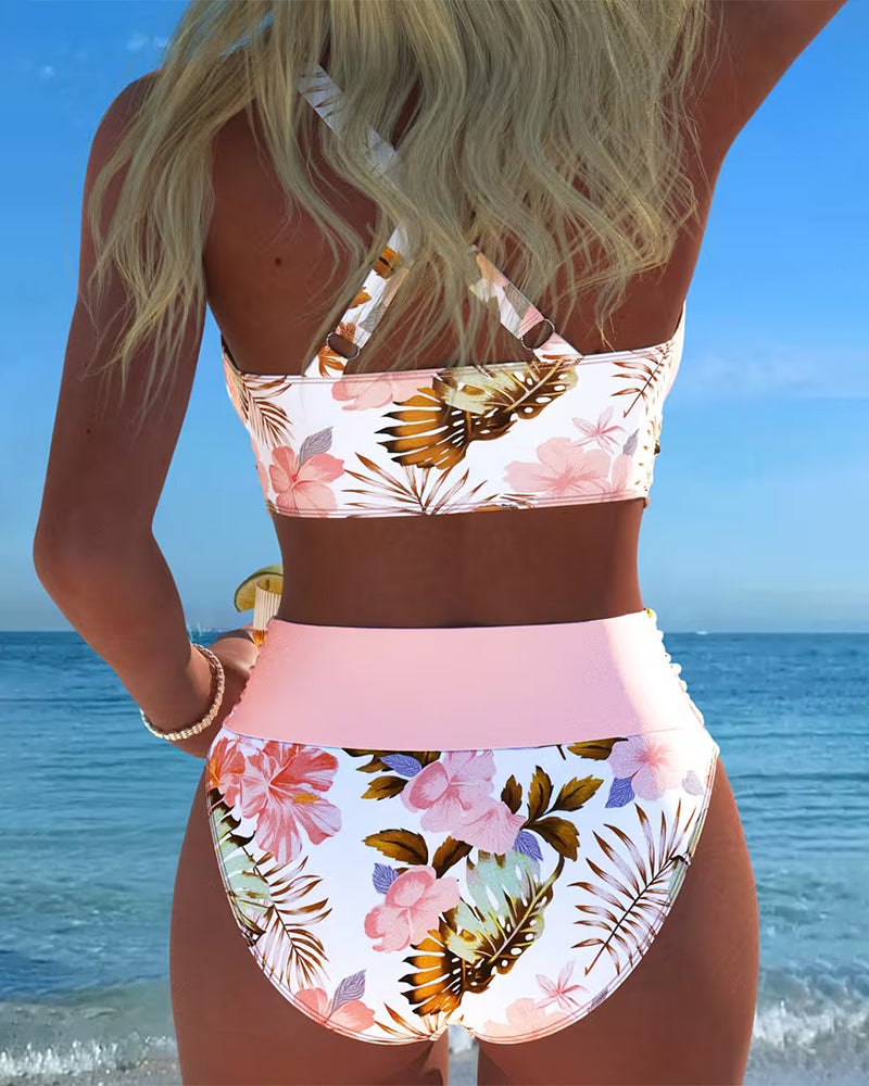 Women's High Waisted Bikini | Wrap V-Neck Floral Print Cut-Out