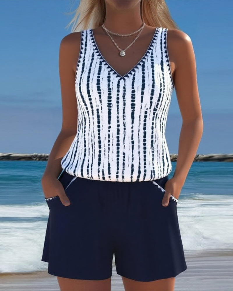 Women's Red Swimsuit | V-Neck Striped Tankini Pockets