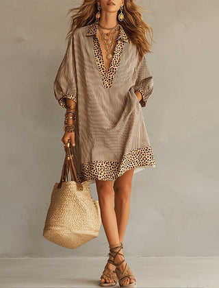 Women's Summer Dress | Midi Collar Puffed Sleeves Leopard Trim