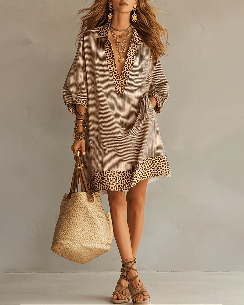 Women's Summer Dress | Midi Collar Puffed Sleeves Leopard Trim