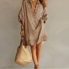 Women's Summer Dress | Midi Shirt Collar Puffed Sleeve Leopard Trim