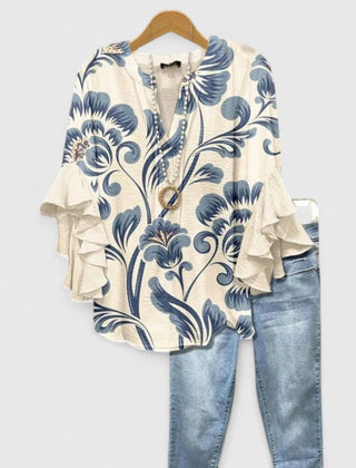 Women's Blouse | Ruffle Sleeve Floral Print V-Neck