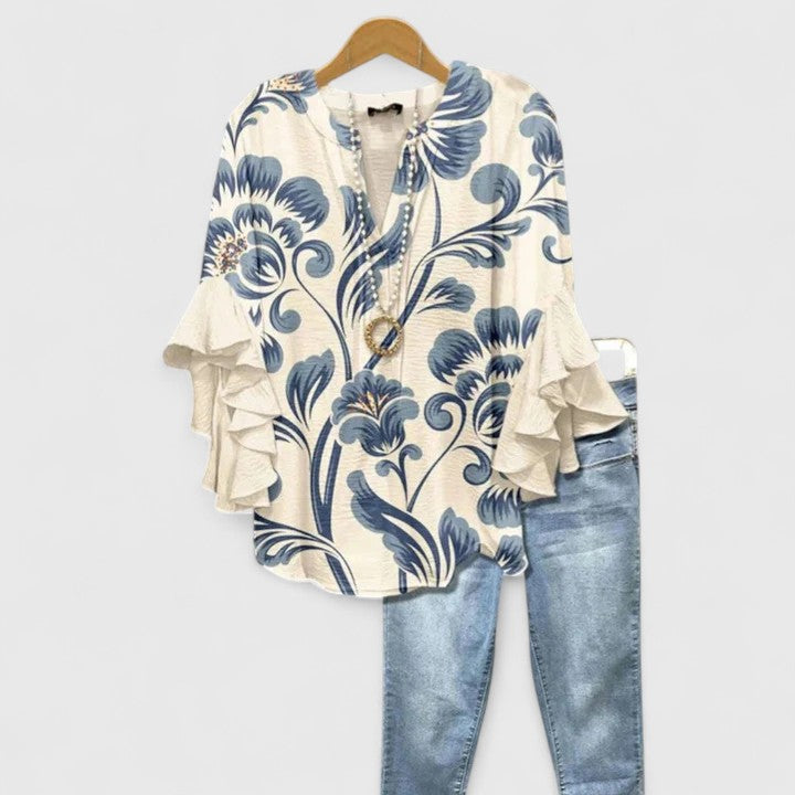Women's Blouse | Ruffle Sleeve Floral Print V-Neck