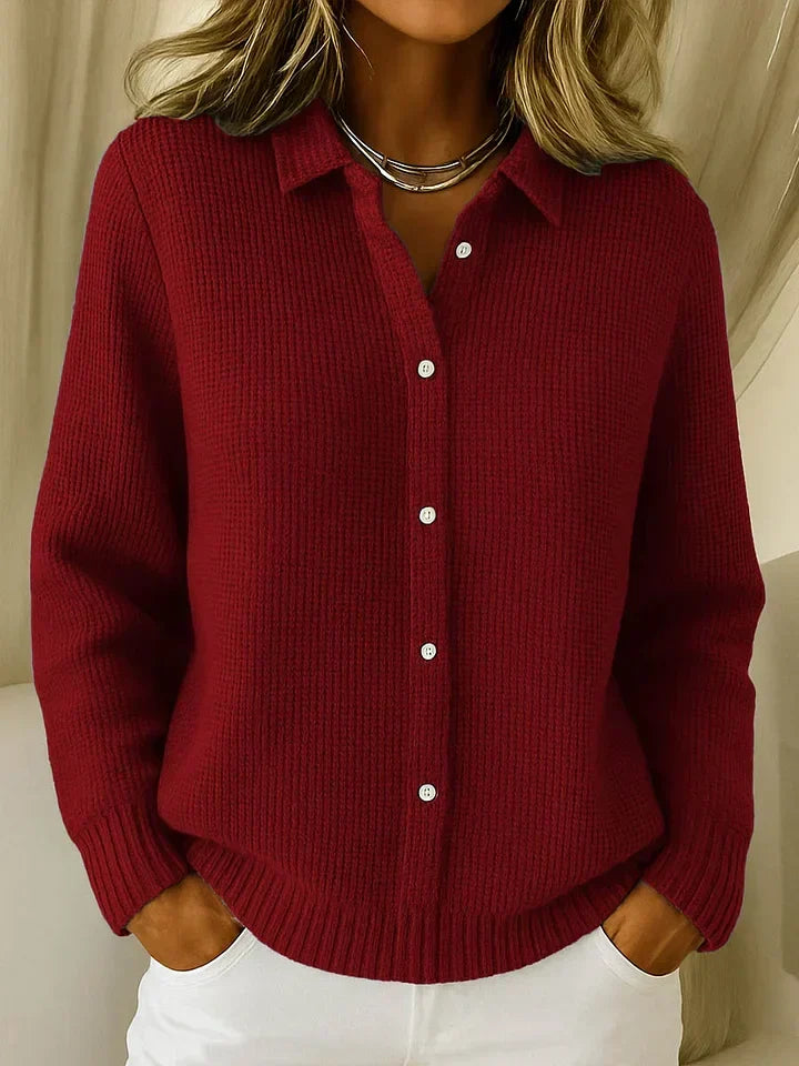 Women's Cardigan | Collar Button Ribbed Knit Long Sleeve
