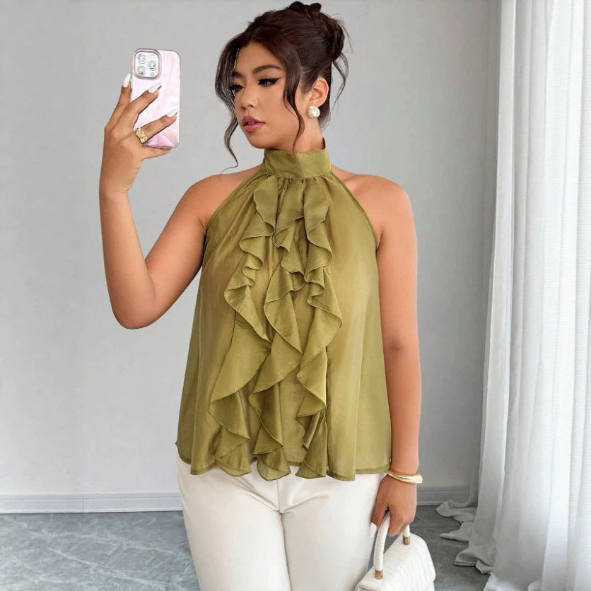 Women's Halter Neck Top | Ruffled Front Sleeveless High Neck