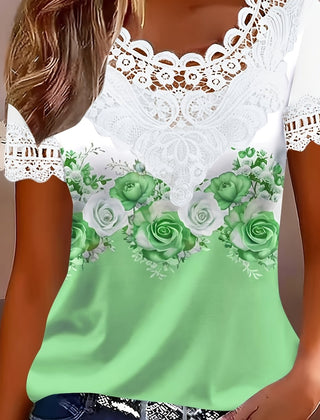 Women's Lace Top | Scalloped Neckline Short Sleeve Floral