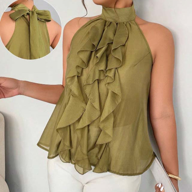 Women's Halter Neck Top | Ruffled Front Sleeveless High Neck