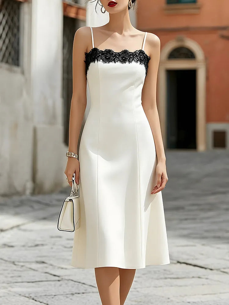 Women's Mother Of The Bride Dress | Midi Lace Trim Spaghetti Strap