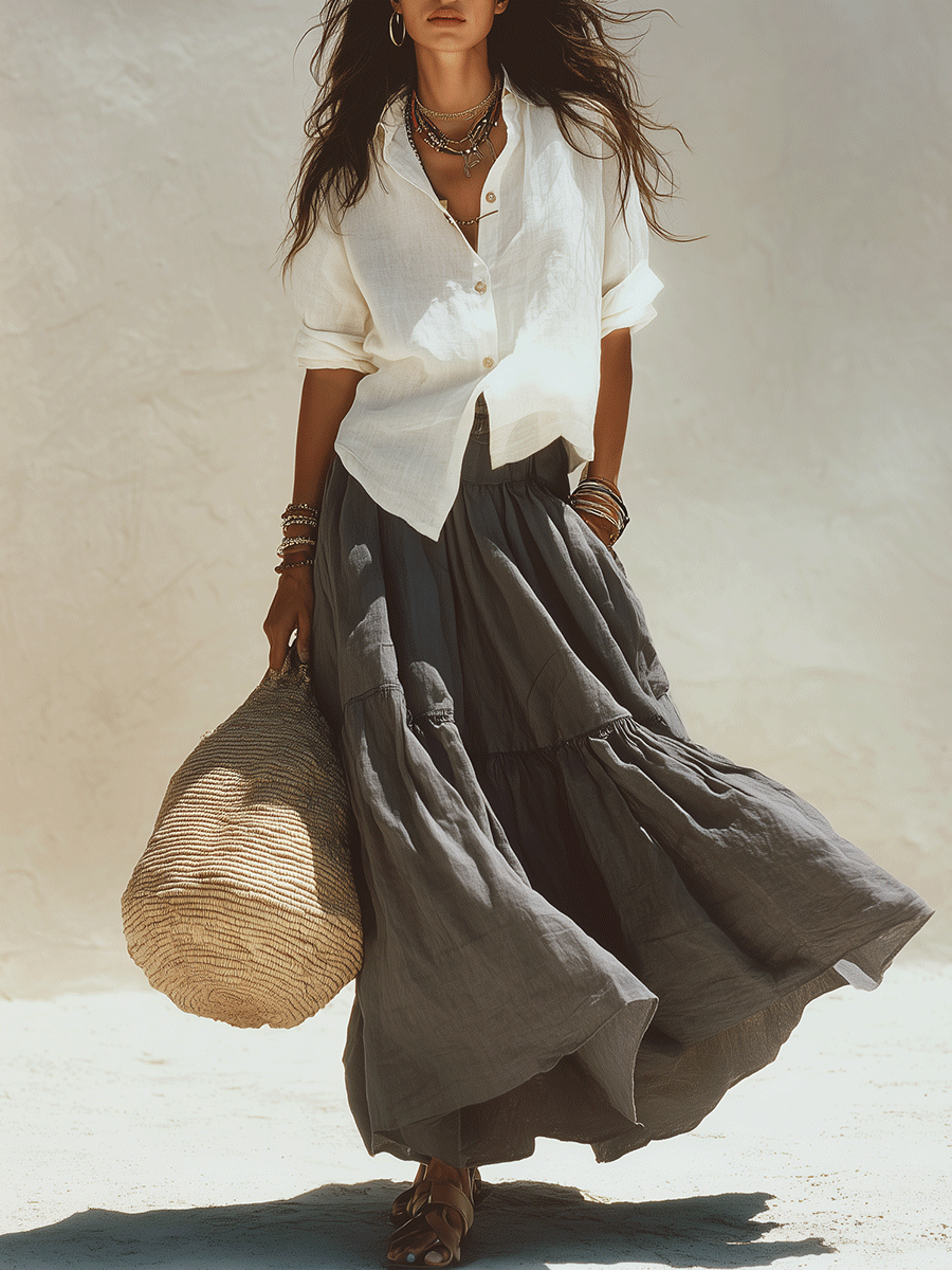 Women's Maxi Skirt | Flowing Linen Elastic Waist Ankle Length