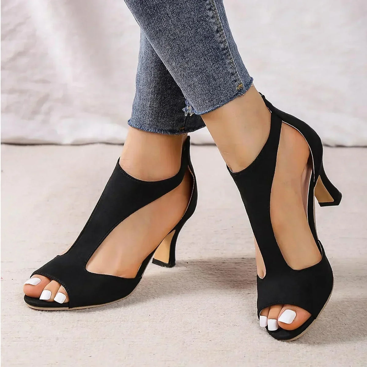 Women's High Heels | Open Toe T-Strap Peep Suede