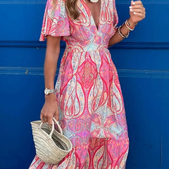 Women's Empire Waist Dress | Maxi V-Neck Flutter Sleeve Paisley