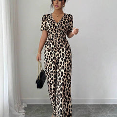 Women's Jumpsuit | Wrap Neckline Wide Leg Leopard Print