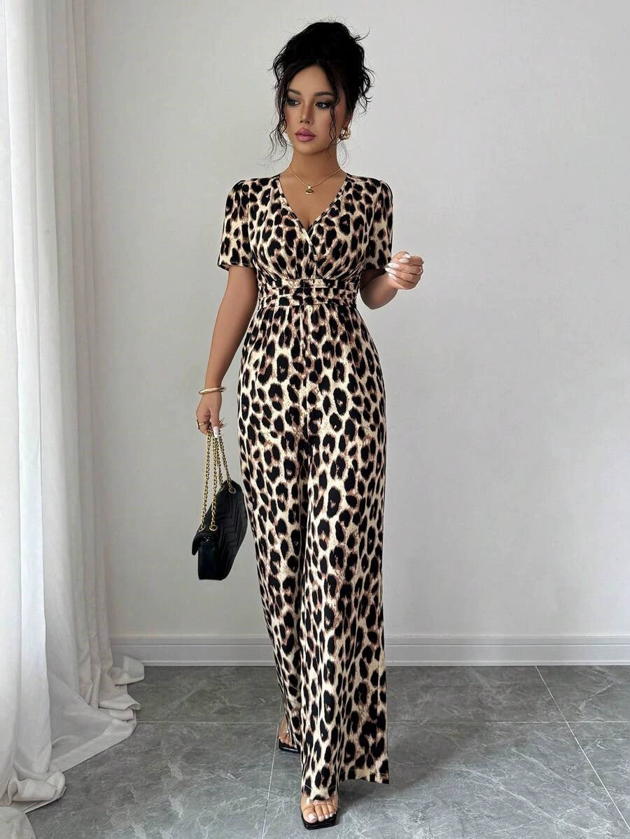 Women's Jumpsuit | Wrap Neckline Wide Leg Leopard Print