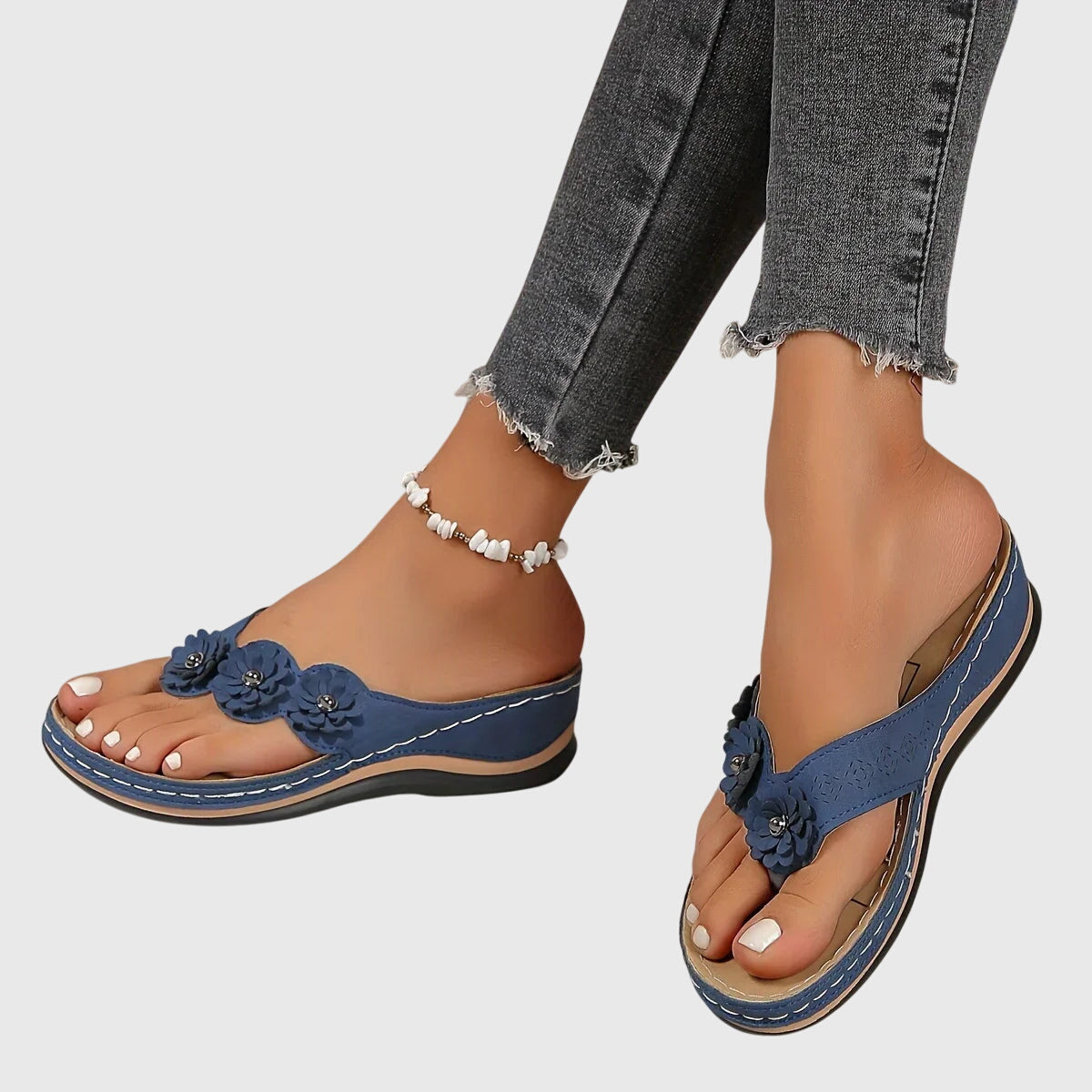 Women's Flip Flop | Open Toe Flower Embellished Wedge