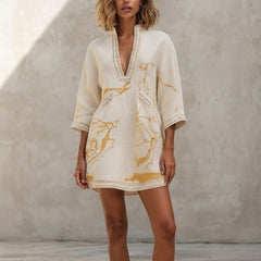 Women's Lace Mini Dress | V-Neck Three-Quarter Sleeve Crochet