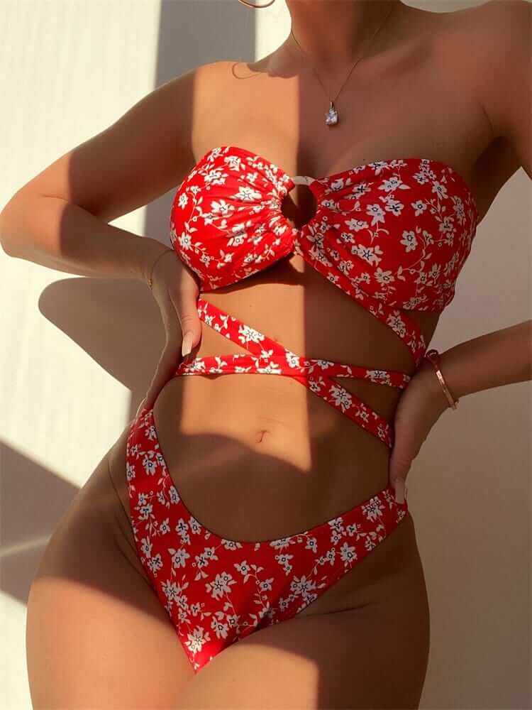 Women's Strapless One Piece Swimwear | Bandeau Neckline Crisscross Cutout High Leg