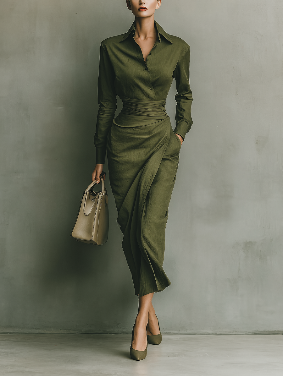 Women's Green Xmas Dress | Midi Button-Front Wrapped