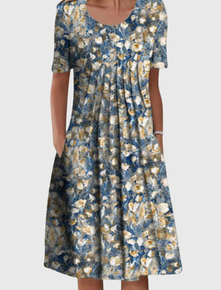 Women's Smart Casual Dress | Midi Round Neck Floral Print Short Sleeve